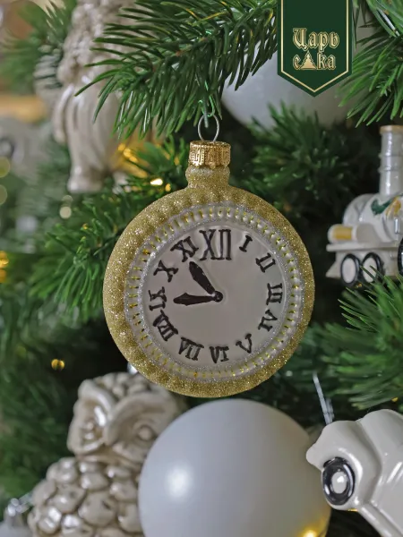 Новогодняя стеклянная елочная игрушка "Часы" 