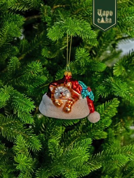 Новогодняя стеклянная елочная игрушка "Спящий Котик" 