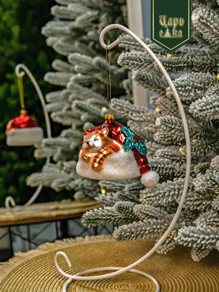 Новогодняя стеклянная елочная игрушка "Спящий Котик" 