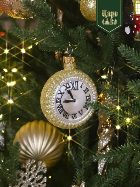 Новогодняя стеклянная елочная игрушка "Часы" 